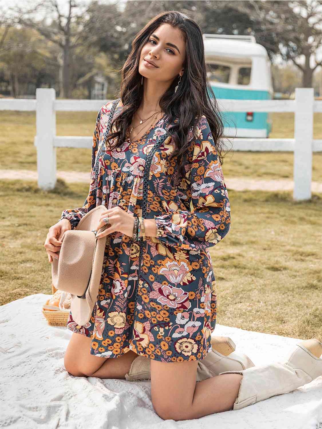 Floral Ruched V-Neck Long Sleeve Dress [Spirit and Rebel]   