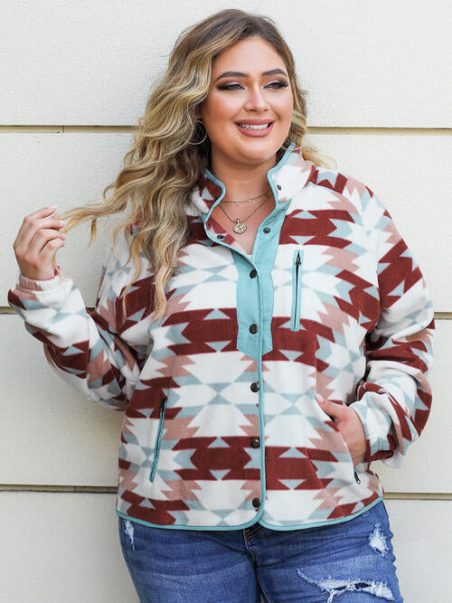 Plus Size Geometric Snap Down Long Sleeve Jacket [Spirit and Rebel]   