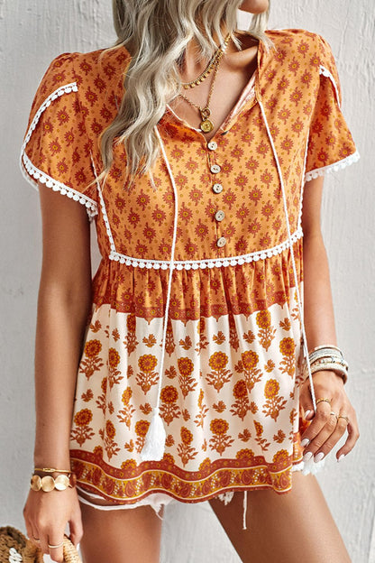 Bohemian Tie Neck Buttoned Blouse [Spirit and Rebel] Tangerine S 