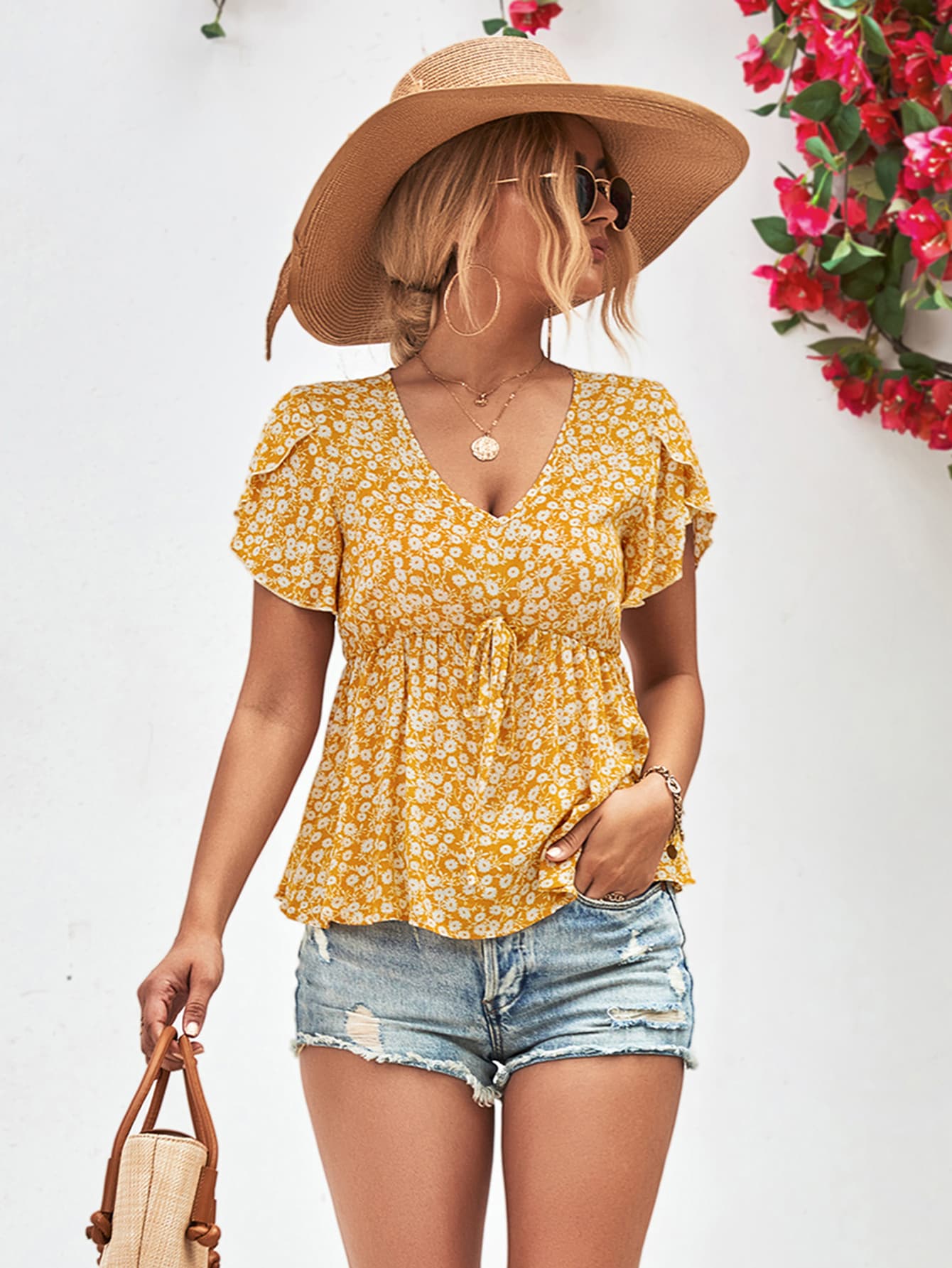 Floral Petal Sleeve Babydoll Top [Spirit and Rebel] Mustard S 