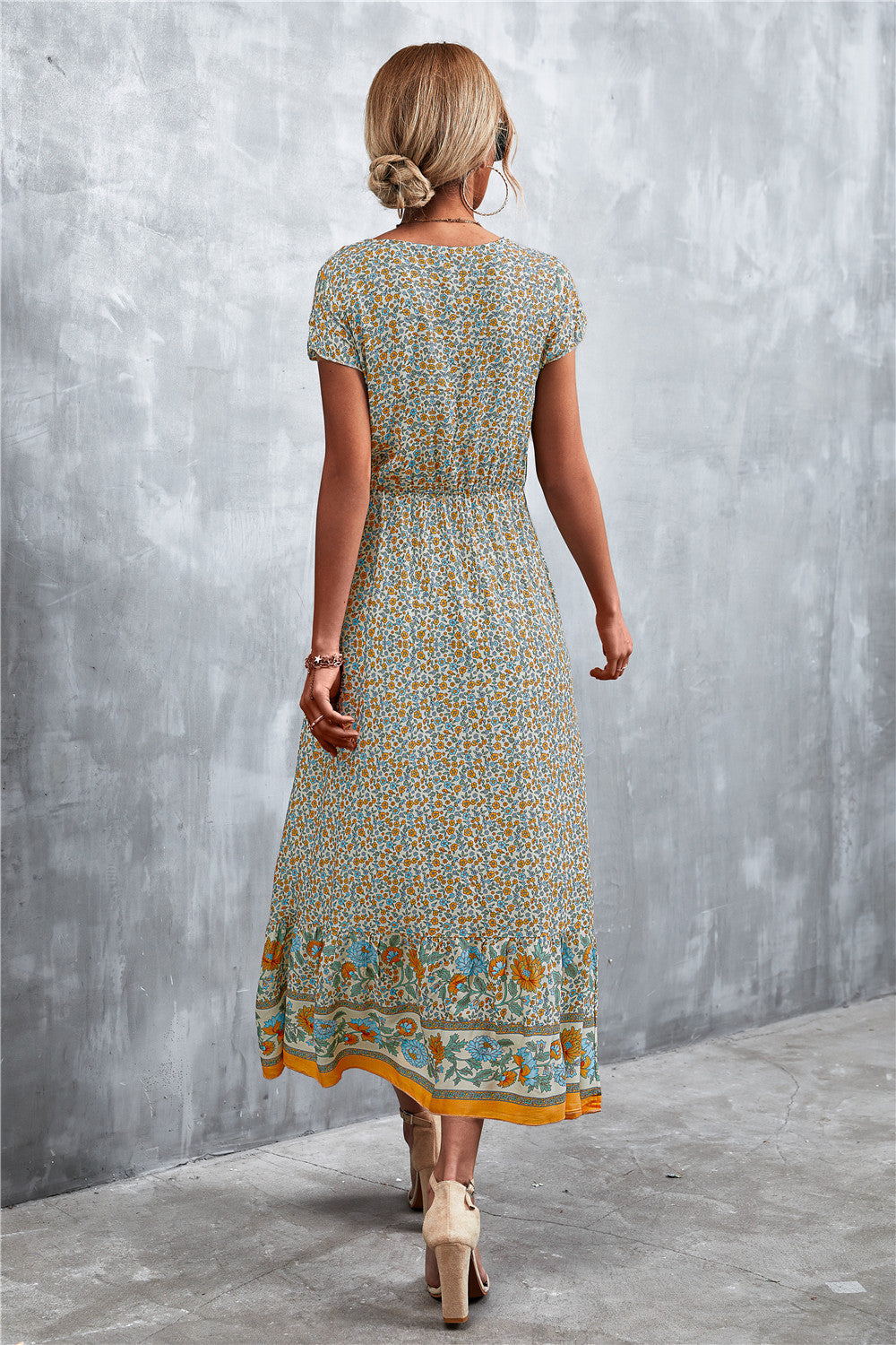 V-Neck Short Sleeve Printed Maxi Dress [Spirit and Rebel]   