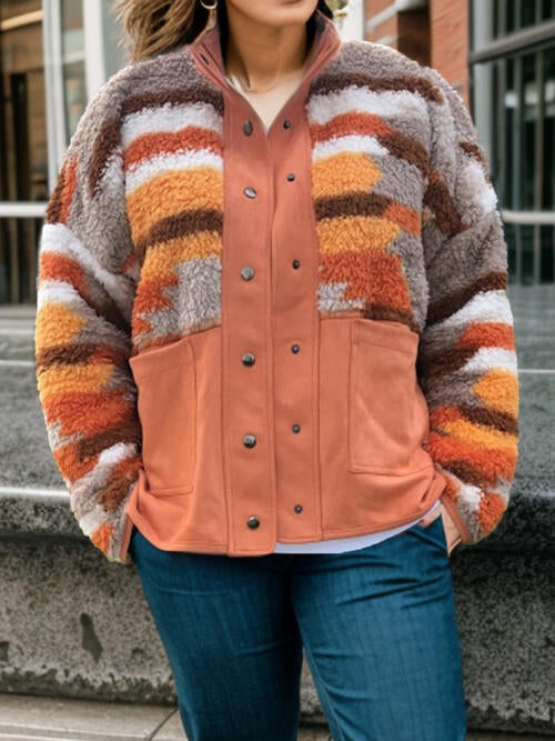 Plus Size Color Block Snap Down Jacket [Spirit and Rebel] Tangerine 1XL 