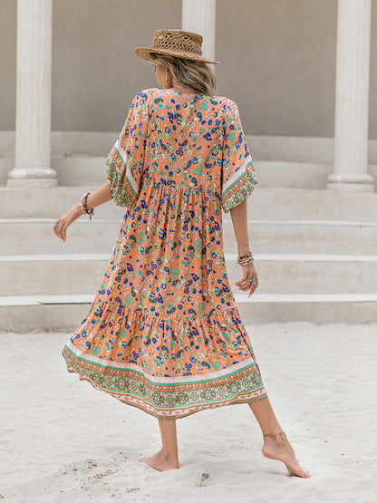 Printed V-Neck Short Sleeve Maxi Dress [Spirit and Rebel]   