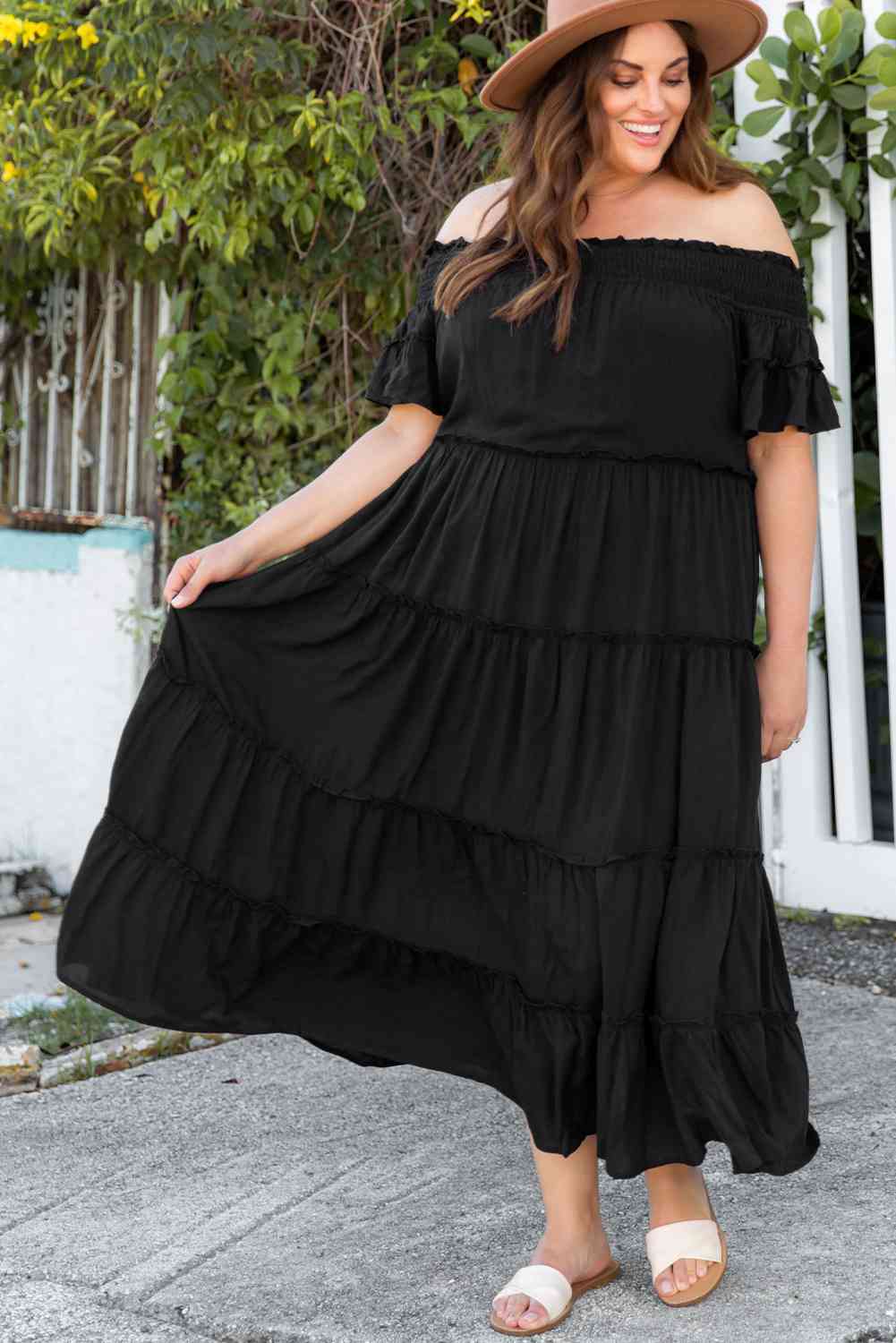 Plus Size Off-Shoulder Ruffle Trim Maxi Dress [Spirit and Rebel]   