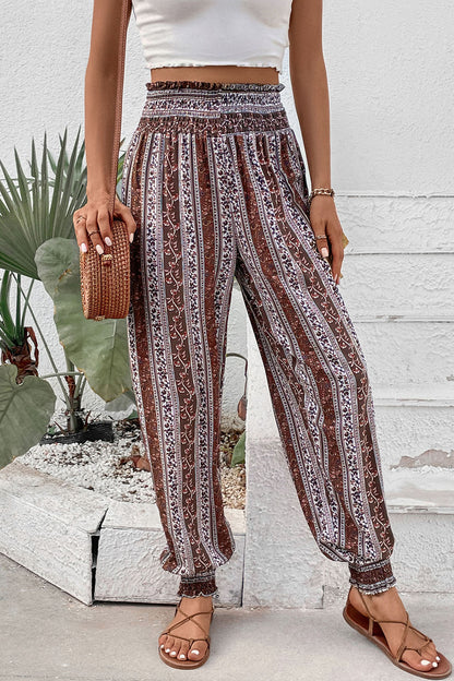 Smocked Printed High Waist Pants [Spirit and Rebel]   