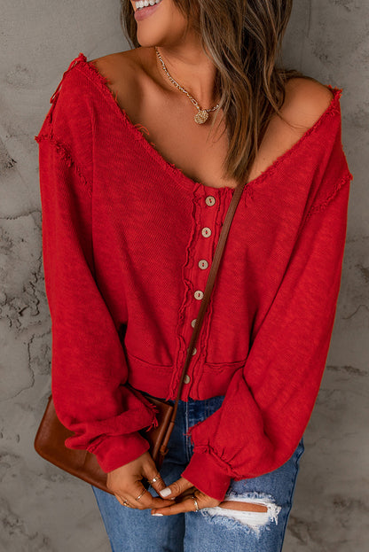 Button Front Frayed Trim Knit Hippie Clothes Top [Spirit and Rebel] Red S 