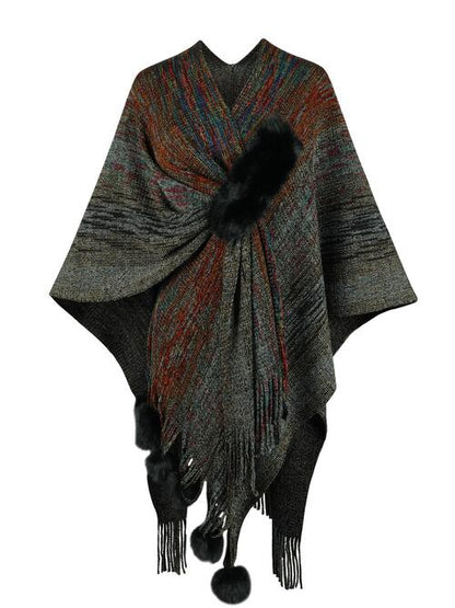 Boho Chic  Heathered Fringe Hem Poncho [Spirit and Rebel] Black One Size 