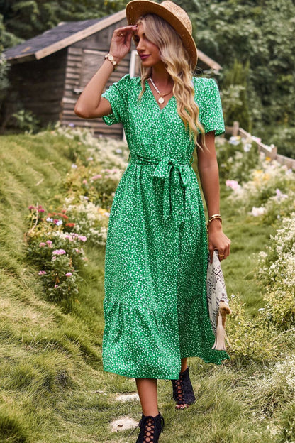 Boho Printed Tie-Waist Short Puff Sleeve Surplice Dress [Spirit and Rebel] Green S 