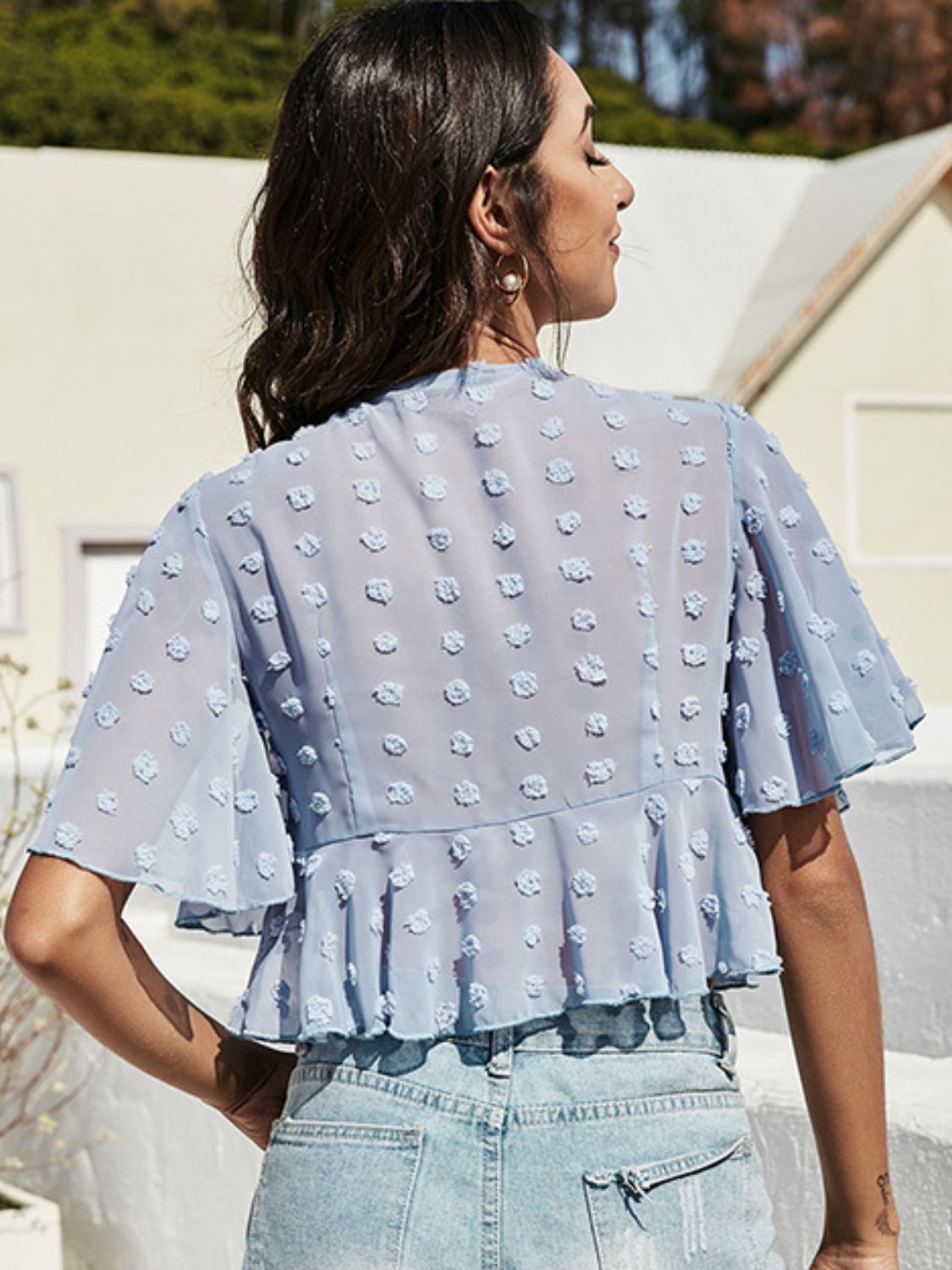 Swiss Dot Tied Flutter Sleeve Cropped Boho Blouse [Spirit and Rebel]   