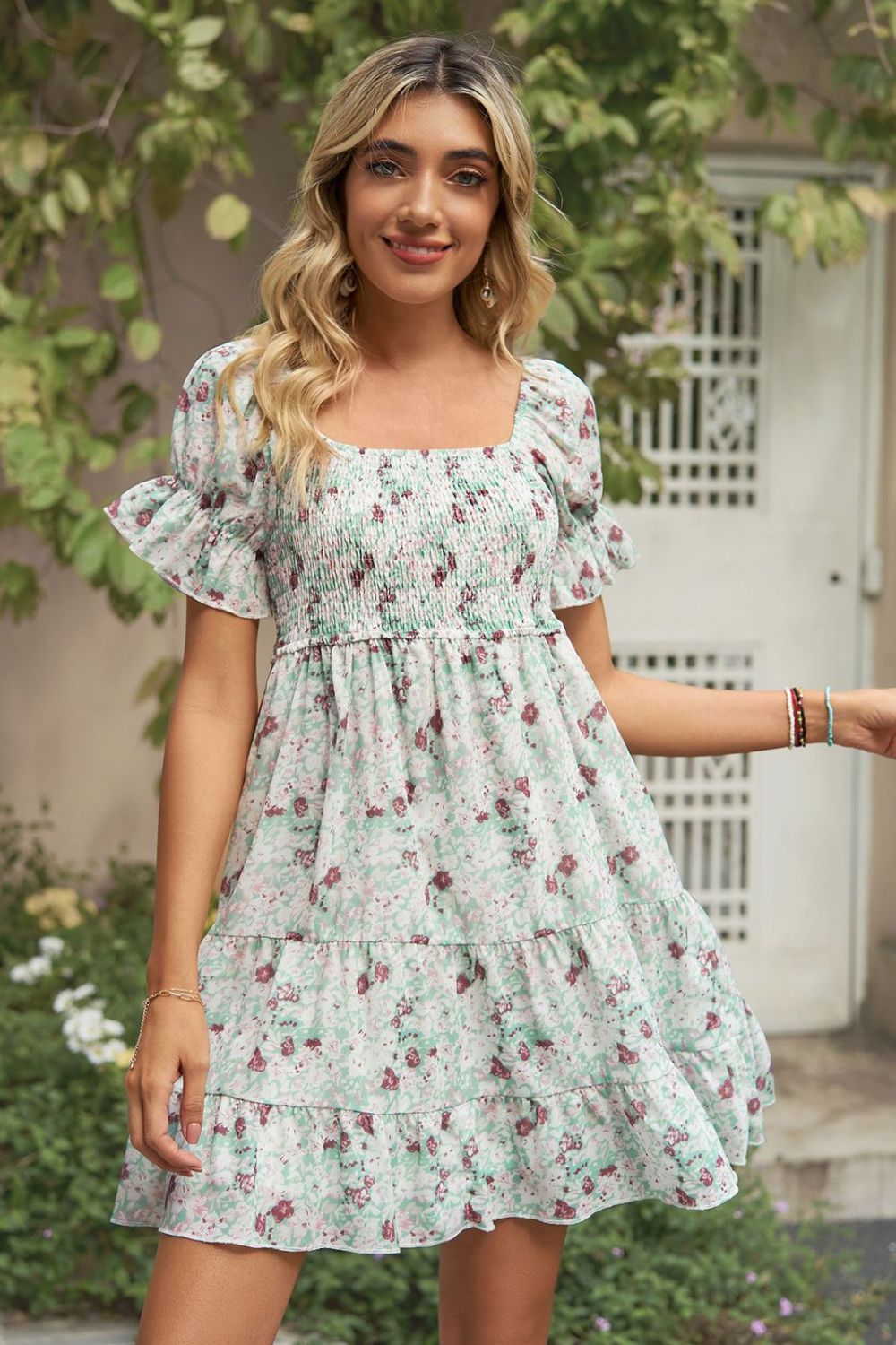 Printed Flounce Sleeve Smocked Boho Dress [Spirit and Rebel]   