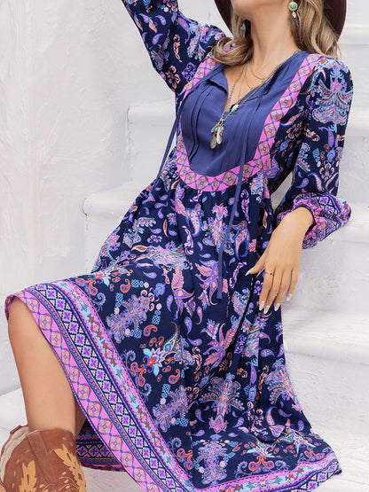 Printed Tie Neck Long Sleeve Midi Dress [Spirit and Rebel]   