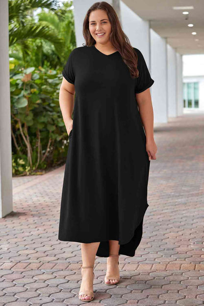 Boho Chic Plus Size V-Neck Short Sleeve Maxi Dress [Spirit and Rebel] Black 1X 