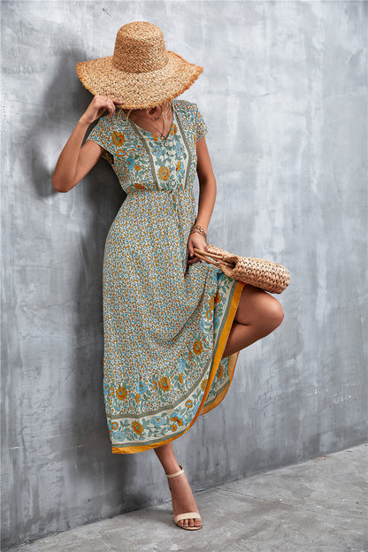 V-Neck Short Sleeve Printed Maxi Dress [Spirit and Rebel]   