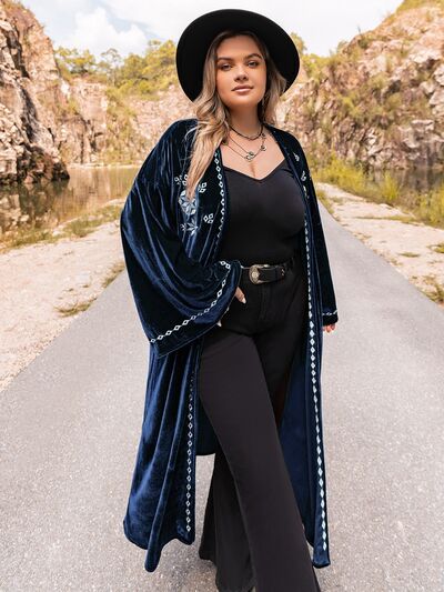 Boho Plus Size Embroidery Open Front Long Sleeve Cardigan [Spirit and Rebel]   