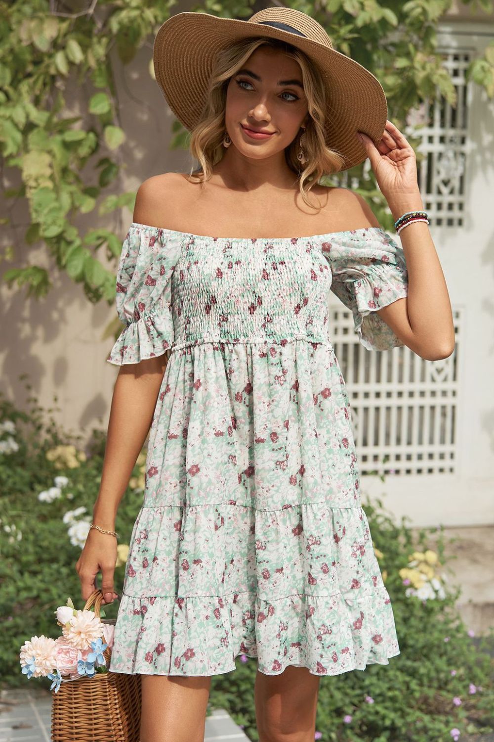 Printed Flounce Sleeve Smocked Boho Dress [Spirit and Rebel]   