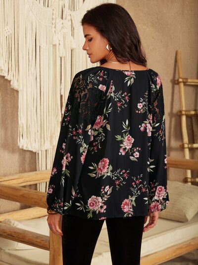 Flower Printed Tie Neck Long Sleeve Blouse [Spirit and Rebel]   