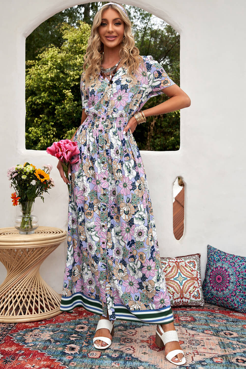 Boho Floral Buttoned  Short Sleeve Maxi Dress [Spirit and Rebel] Purple Floral S 