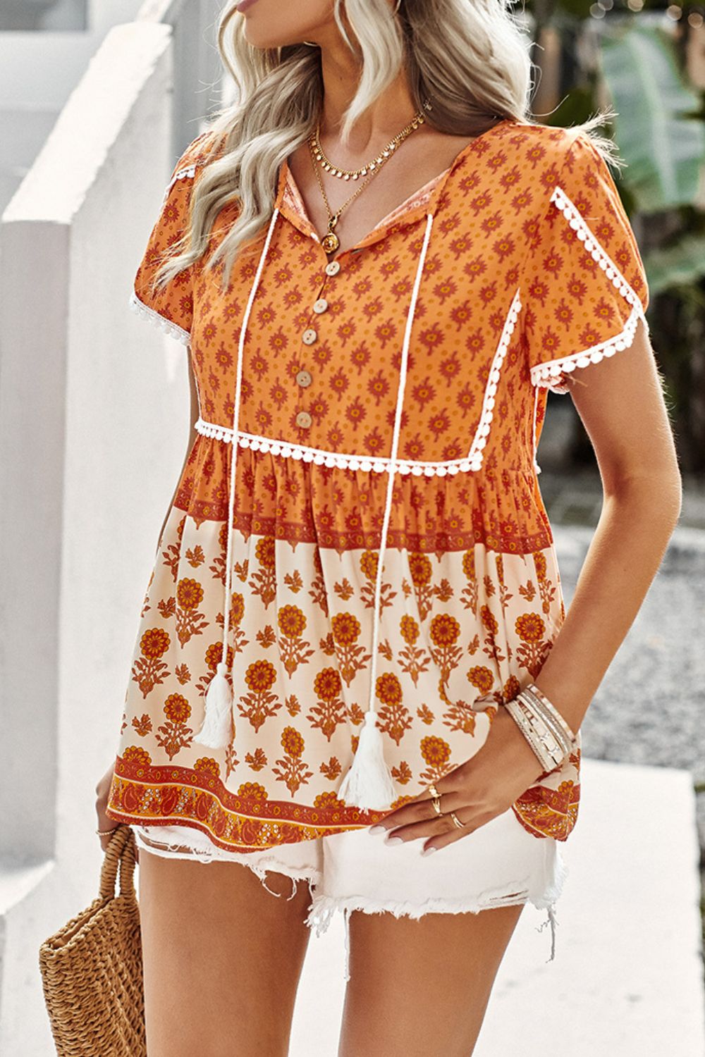 Bohemian Tie Neck Buttoned Blouse [Spirit and Rebel]   