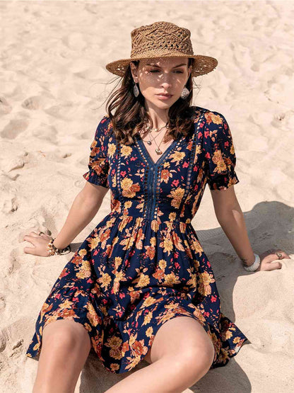 Foral V-Neck Flounce Sleeve Ruffle Hem Dress [Spirit and Rebel]   