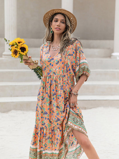 Printed V-Neck Short Sleeve Maxi Dress [Spirit and Rebel]   