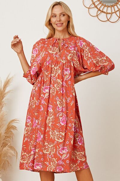 Floral Tie Neck Half Sleeve Bohemian Dress [Spirit and Rebel] Brick Red S 