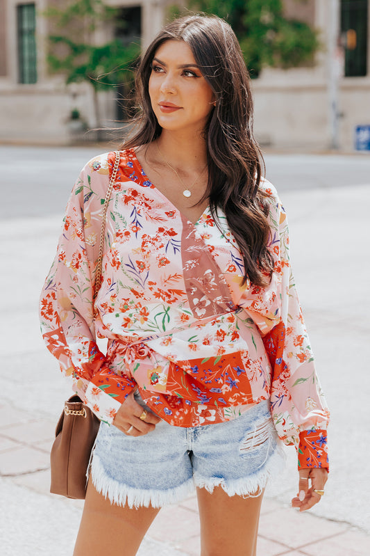 Boho Floral Belted Surplice Blouse [Spirit and Rebel] Floral S 