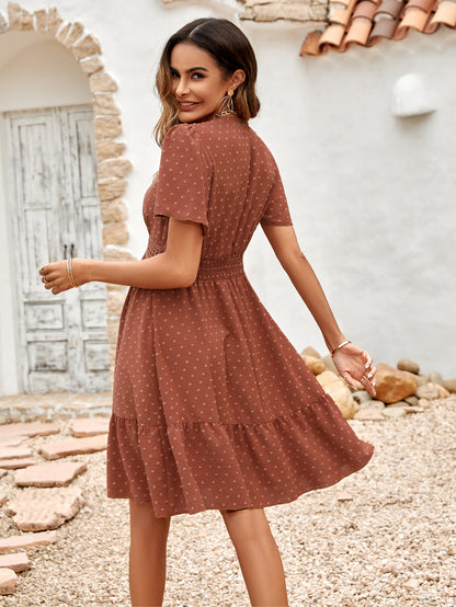 Swiss Dot V-Neck Openwork Puff Sleeve Dress [Spirit and Rebel]   