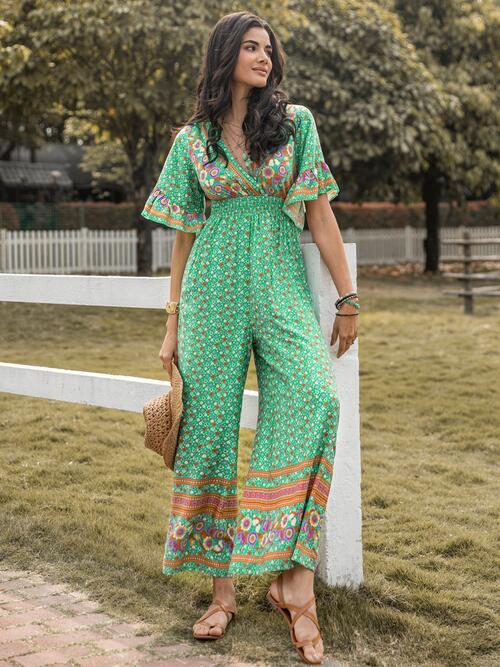 Boho Chic  Floral Surplice Flutter Sleeve Jumpsuit [Spirit and Rebel]   