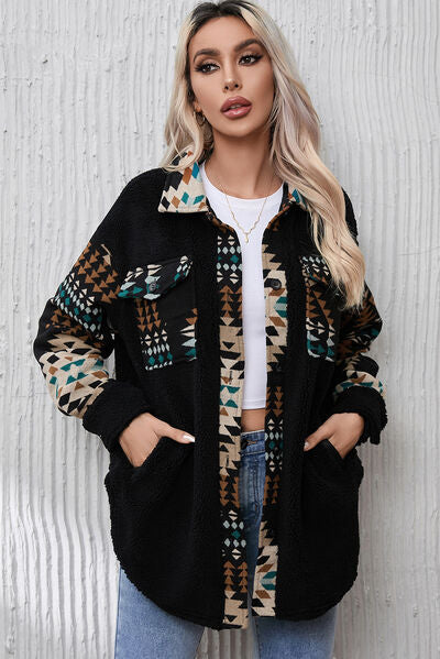 Boho Geometric Button Up Slit Jacket with Pockets [Spirit and Rebel]   