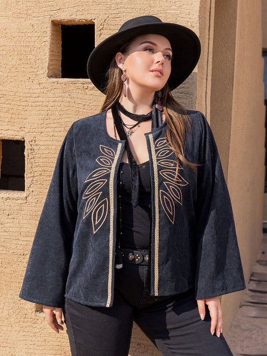 Plus Size Embroidered Open Front Jacket [Spirit and Rebel] Dark Navy 0XL 