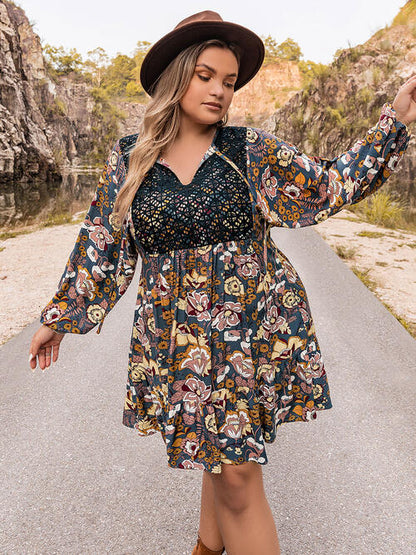 Plus Size Floral Tie Neck Balloon Sleeve Mini Dress [Spirit and Rebel]   