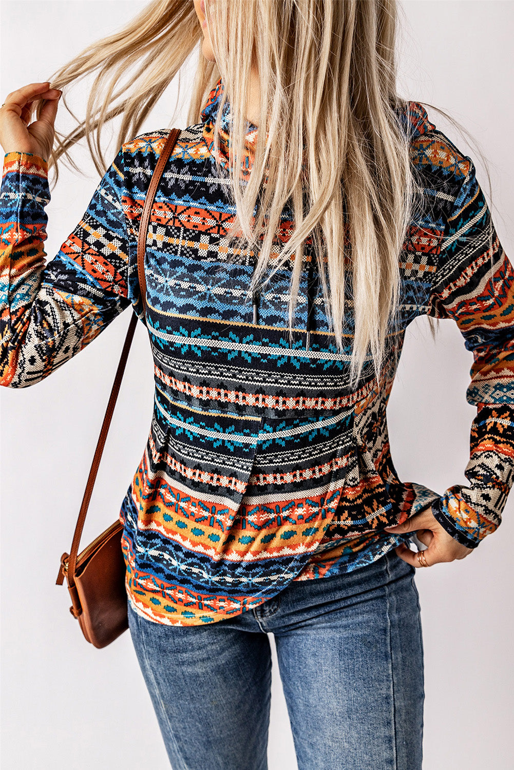 Boho Bliss Patterned Drawstring Detail Cowl Neck Hoodie [Spirit and Rebel]   