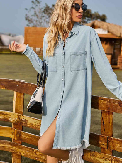 Button Up Collared Neck Raw Hem Denim Dress [Spirit and Rebel]   