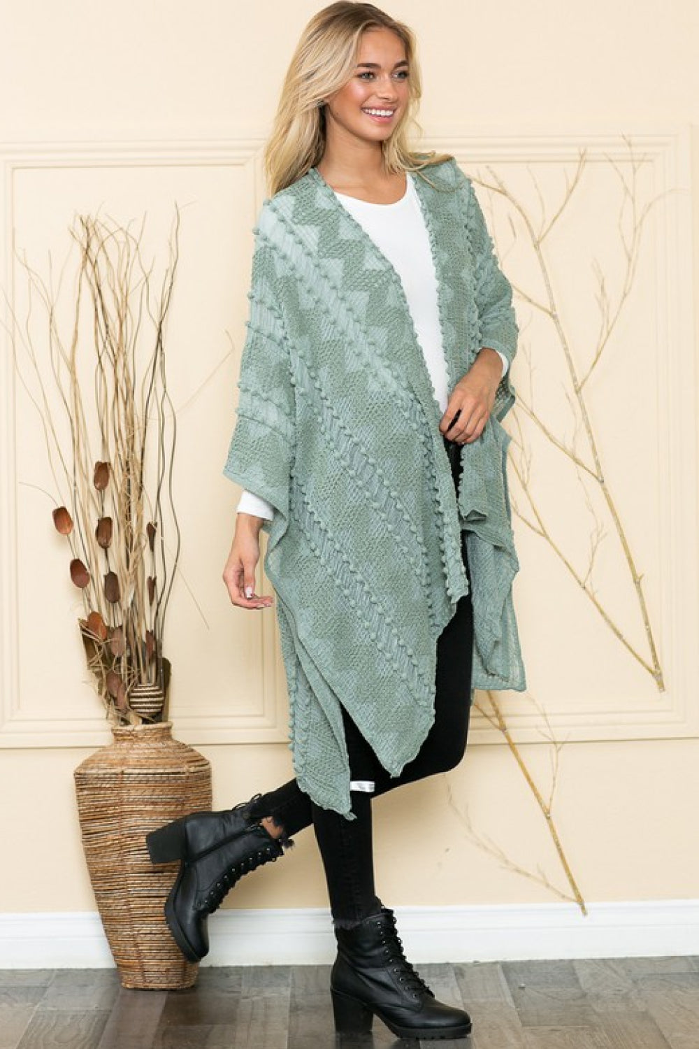 Justin Taylor Asymmetrical Pom-Pom Trim Poncho Boho Cardigan [Spirit and Rebel]   