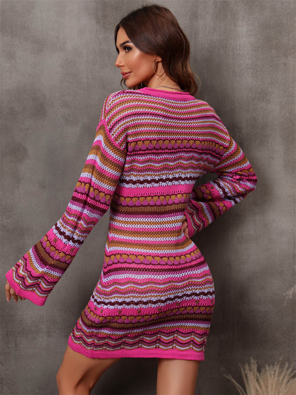 Boho Multicolored Stripe Dropped Shoulder Sweater Dress [Spirit and Rebel]   