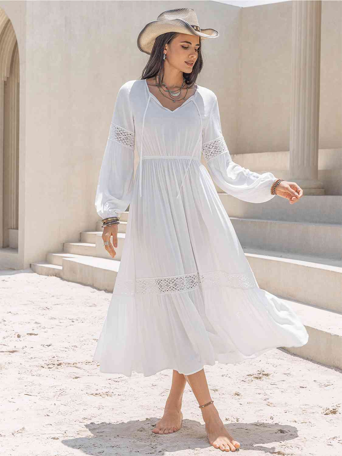 Tie Neck Balloon Sleeve Midi Dress [Spirit and Rebel]   