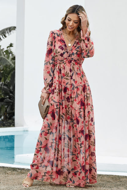 Bohemian Floral Frill Trim Tiered Maxi Dress [Spirit and Rebel] Pink Floral S 