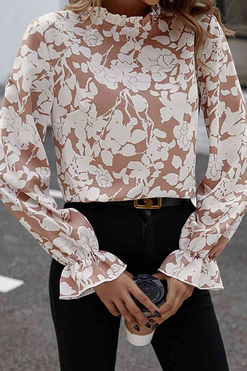 Floral Print Mock Neck Flounce Sleeve Blouse [Spirit and Rebel]   