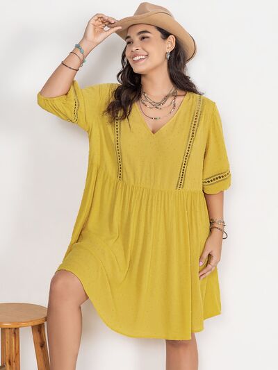 Plus Size Eyelet Swiss Dot Half Sleeve Mini Dress [Spirit and Rebel] True Yellow 0XL 