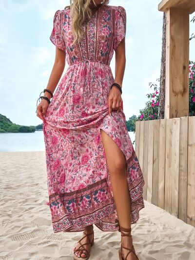 Boho Floral Slit V-Neck Maxi Dress [Spirit and Rebel] Deep Rose S 