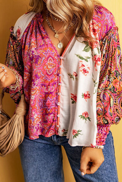 Plus Size Frill Printed V-Neck Long Sleeve Blouse [Spirit and Rebel] Multicolor 1X 