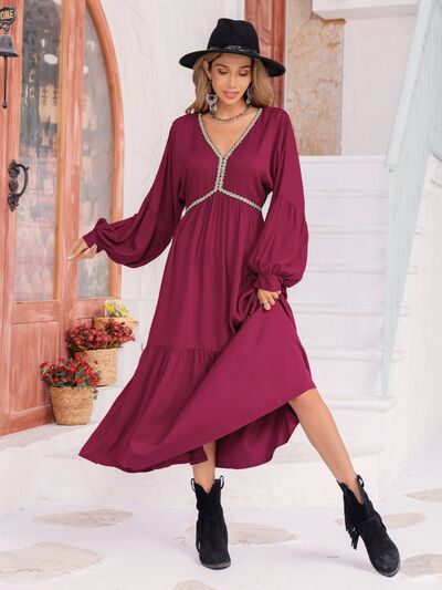 V-Neck Lantern Sleeve Ruffle Hem Dress [Spirit and Rebel]   