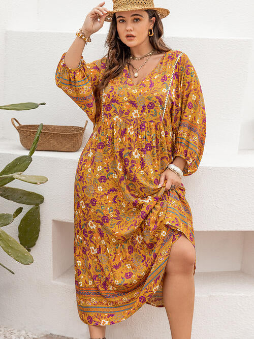 Plus Size Floral V-Neck Balloon Sleeve Midi Dress [Spirit and Rebel]   