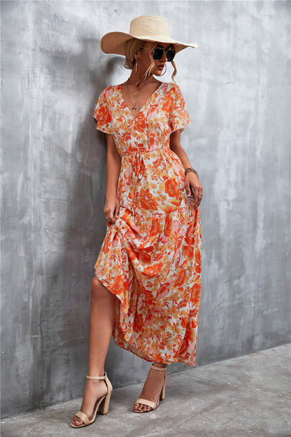 Floral Buttoned Drawstring Waist Tiered Boho Dress [Spirit and Rebel]   