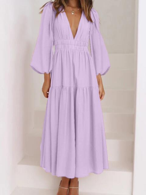 Deep V-Neck Balloon Sleeve Plain Maxi Dress [Spirit and Rebel]   