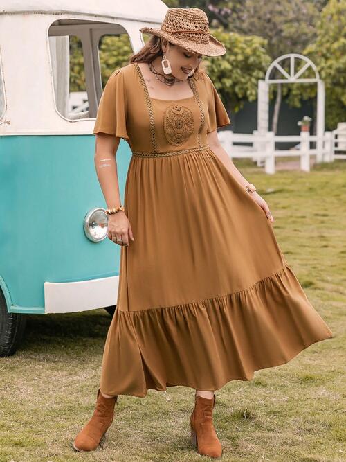 Boho Chic  Plus Size Square Neck Short Sleeve Ruffle Hem Dress [Spirit and Rebel]   