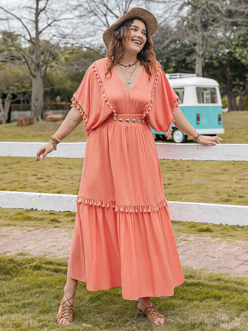 Boho Chic  Plus Size Tassel Trim V-Neck Short Sleeve Ruffle Hem Dress [Spirit and Rebel]   