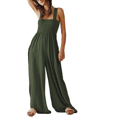 Boho Chic  Smocked Wide Strap Jumpsuit [Spirit and Rebel] Black Forest S 