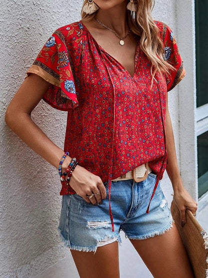 Printed Short Sleeve Tie Neck Blouse [Spirit and Rebel]   