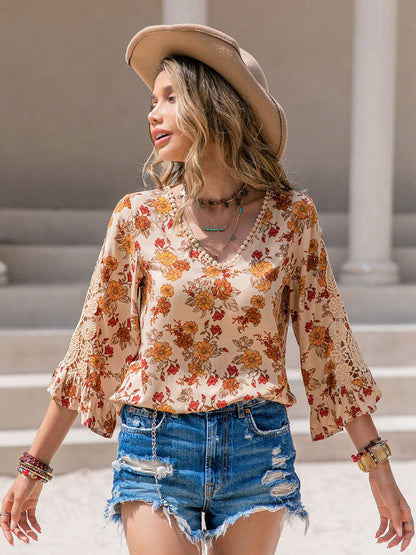 Floral V-Neck Spliced Lace Blouse [Spirit and Rebel]   